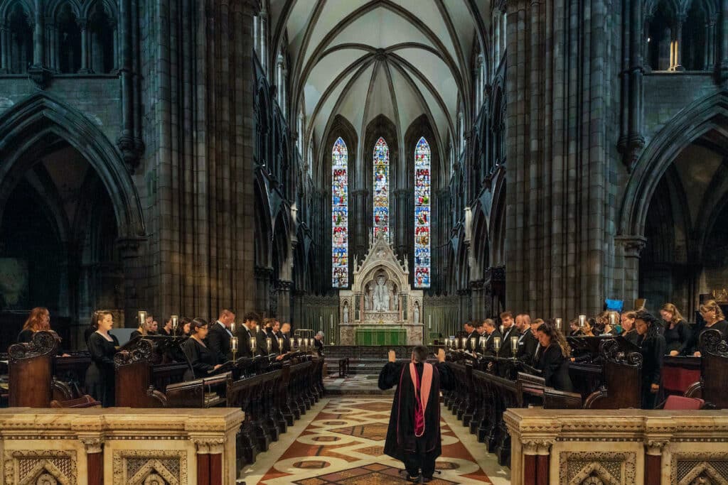 Angie Batey leads the UT Chamber Singers as they perform at St. Mary's Episcopal Cathedral in Edinburgh, Scotland, UK on July 21, 2022.