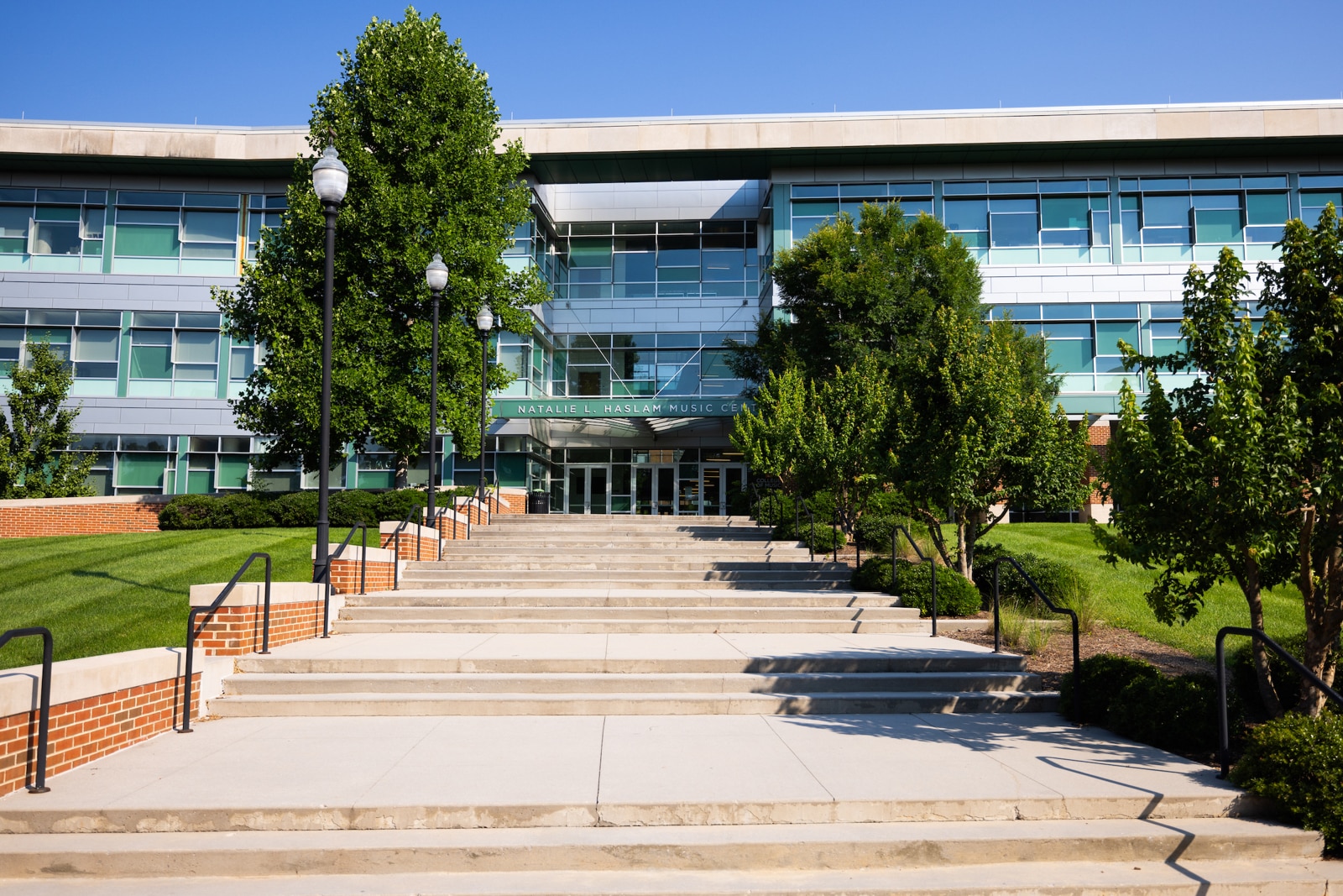 Front of music building on a summer day