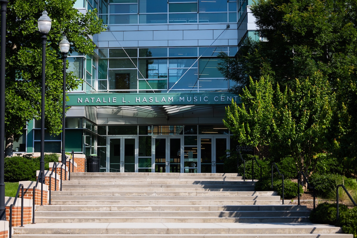 Exterior photo of the Natalie L. Haslam Music Center