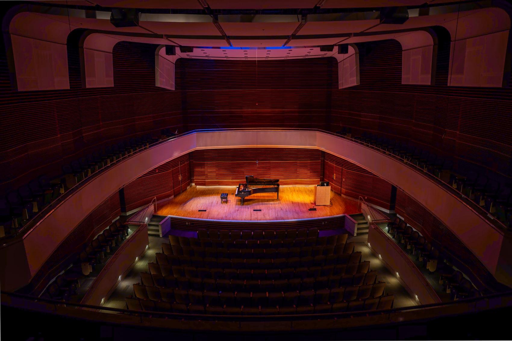 Birds eye view of stahe in Powell Recital Hall