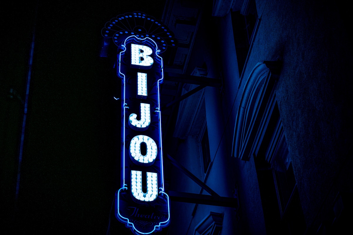 Signage for the Bijou Theatre at night